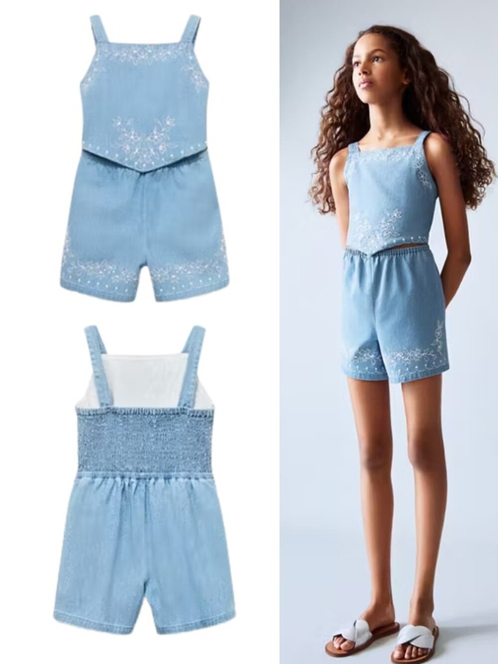 NEW Mango Kids Denim Embroidered Floral Jumper Bib Shorts Outfit Sz 11 or 12